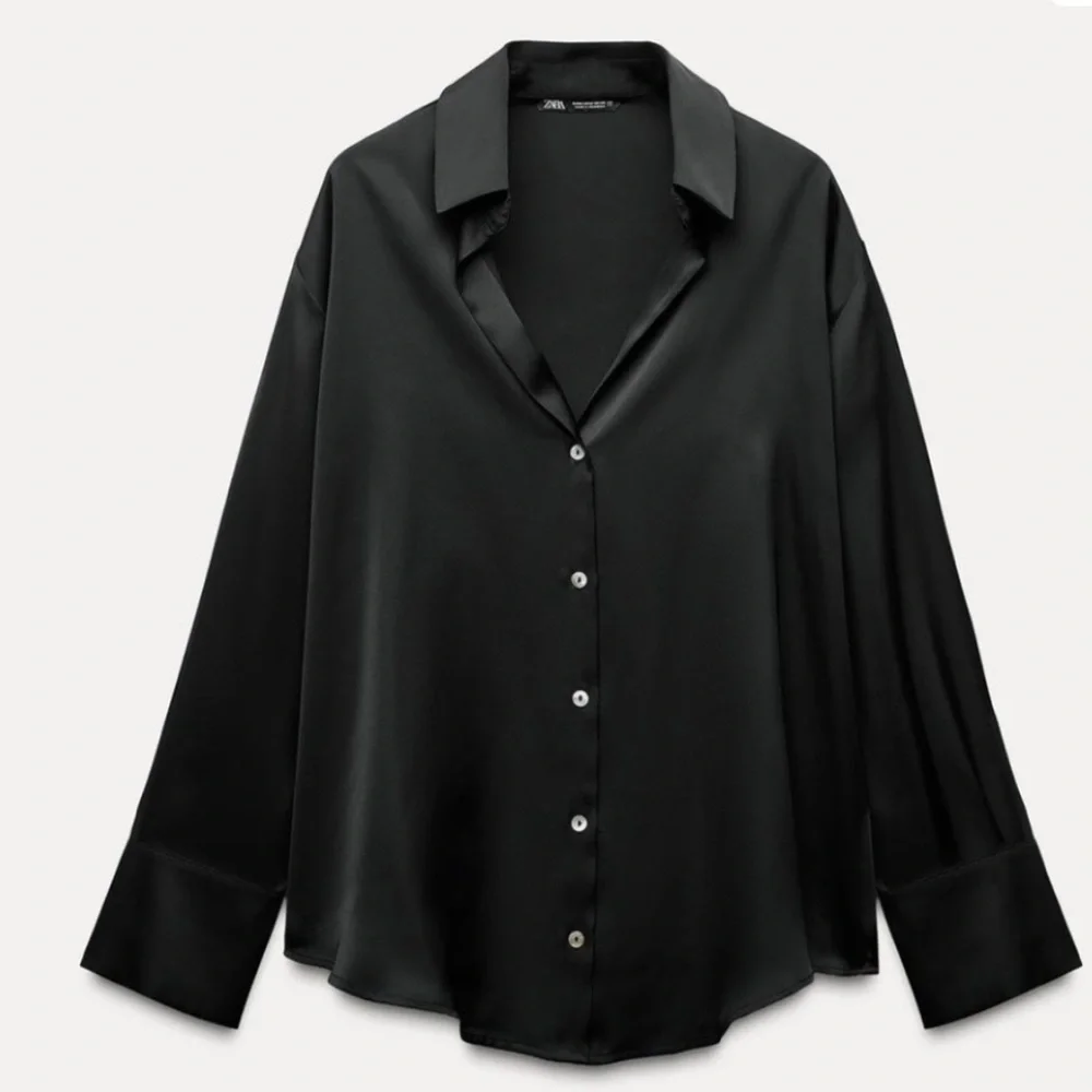 Zara Black Satin Button-Down Shirt - Picture 1 of 8